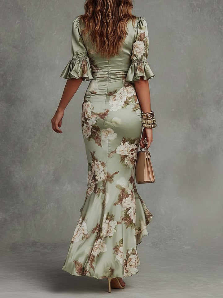 Ana Abito lungo asimmetrico in satin verde con scollatura a V