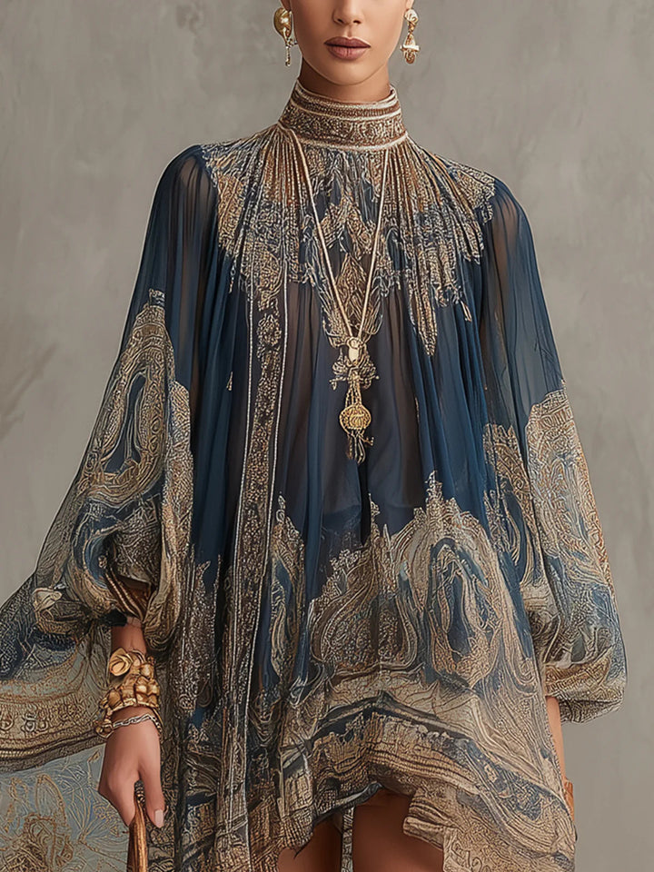 Francesca | Mini abito in chiffon blu navy con stampa barocca dorata