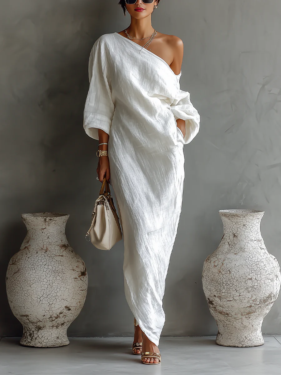 Ornella | Maxi abito elegante monospalla in bianco