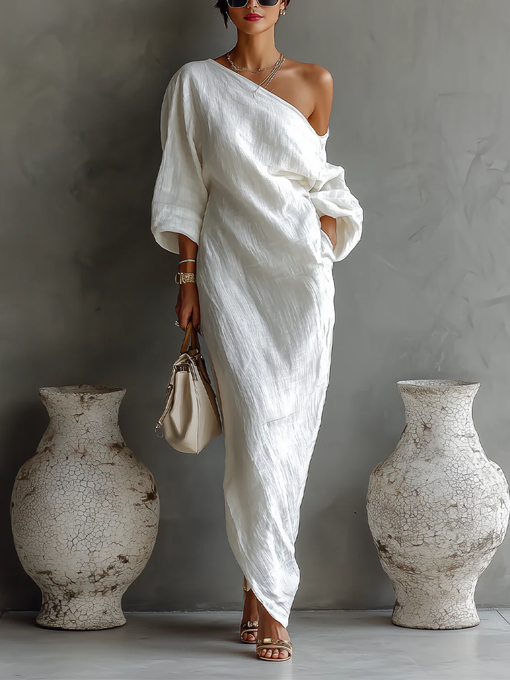 Ornella | Maxi abito elegante monospalla in bianco