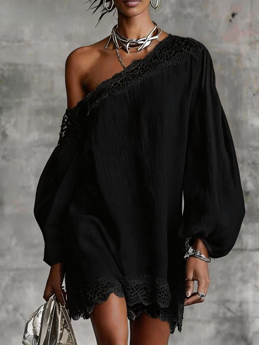Lidia | Abito casual con spalle scoperte, dettagli in pizzo e maniche lunghe