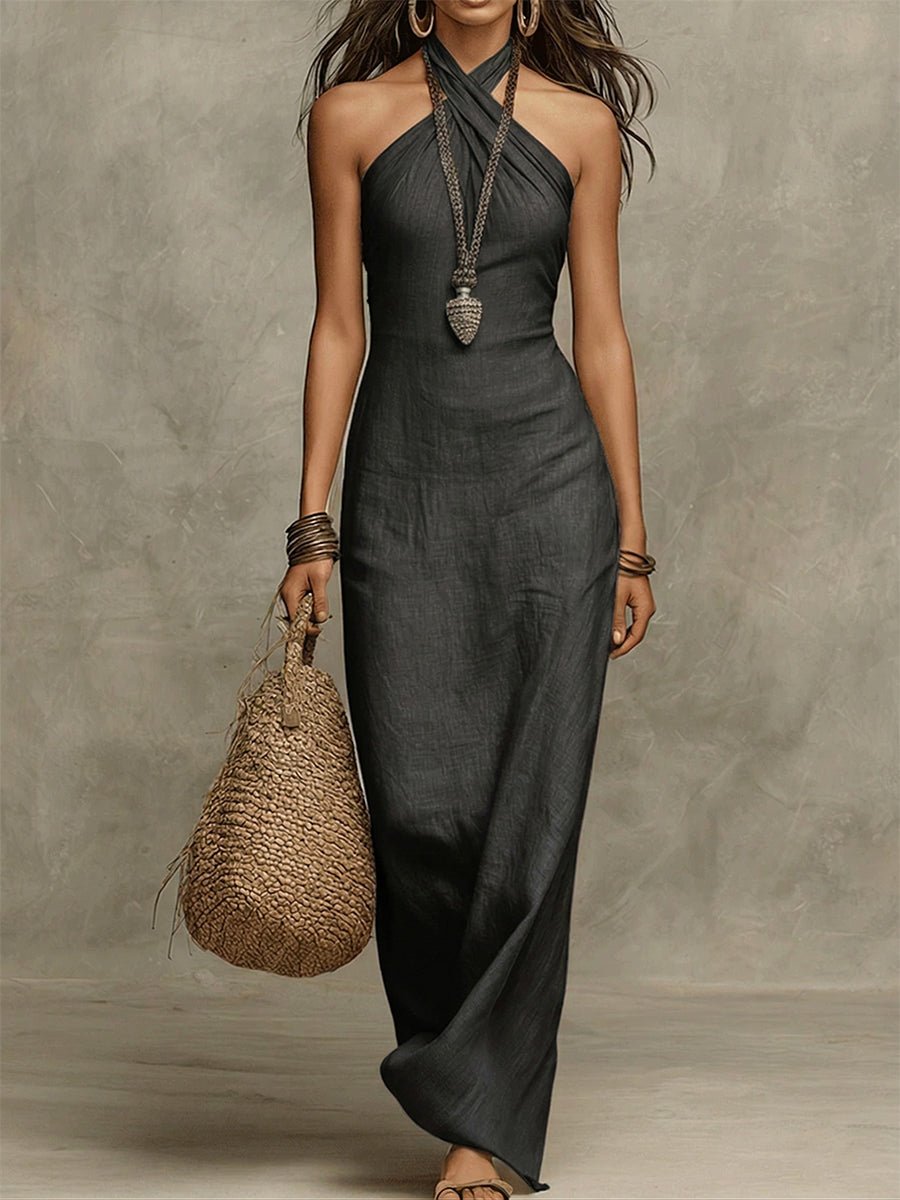Nina | Abito maxi con scollo all’americana, voluminoso, in cotone e lino