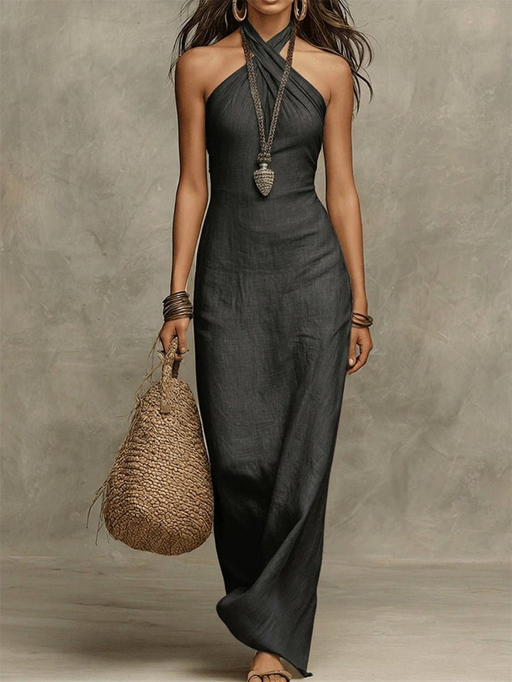 Nina | Abito maxi con scollo all’americana, voluminoso, in cotone e lino