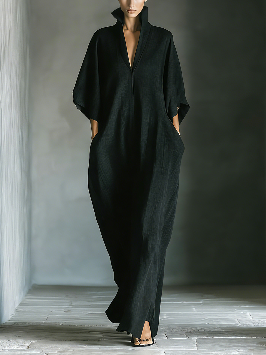 Donatella | Maxi abito nero con maniche a kimono