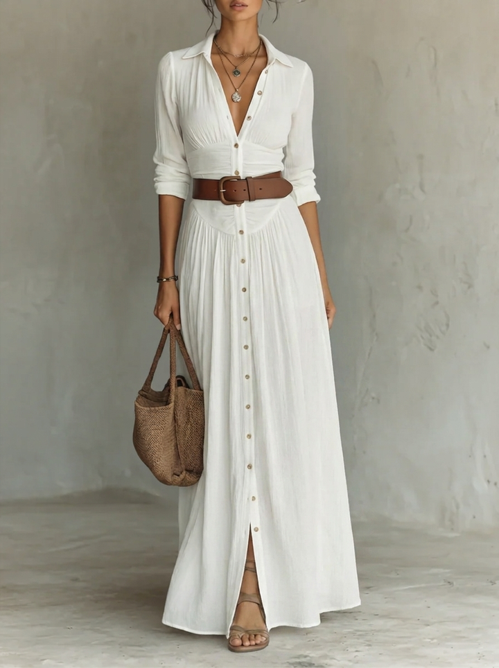 Romina - Abito Maxi Lungo con Collo a V e Maniche Lunghe