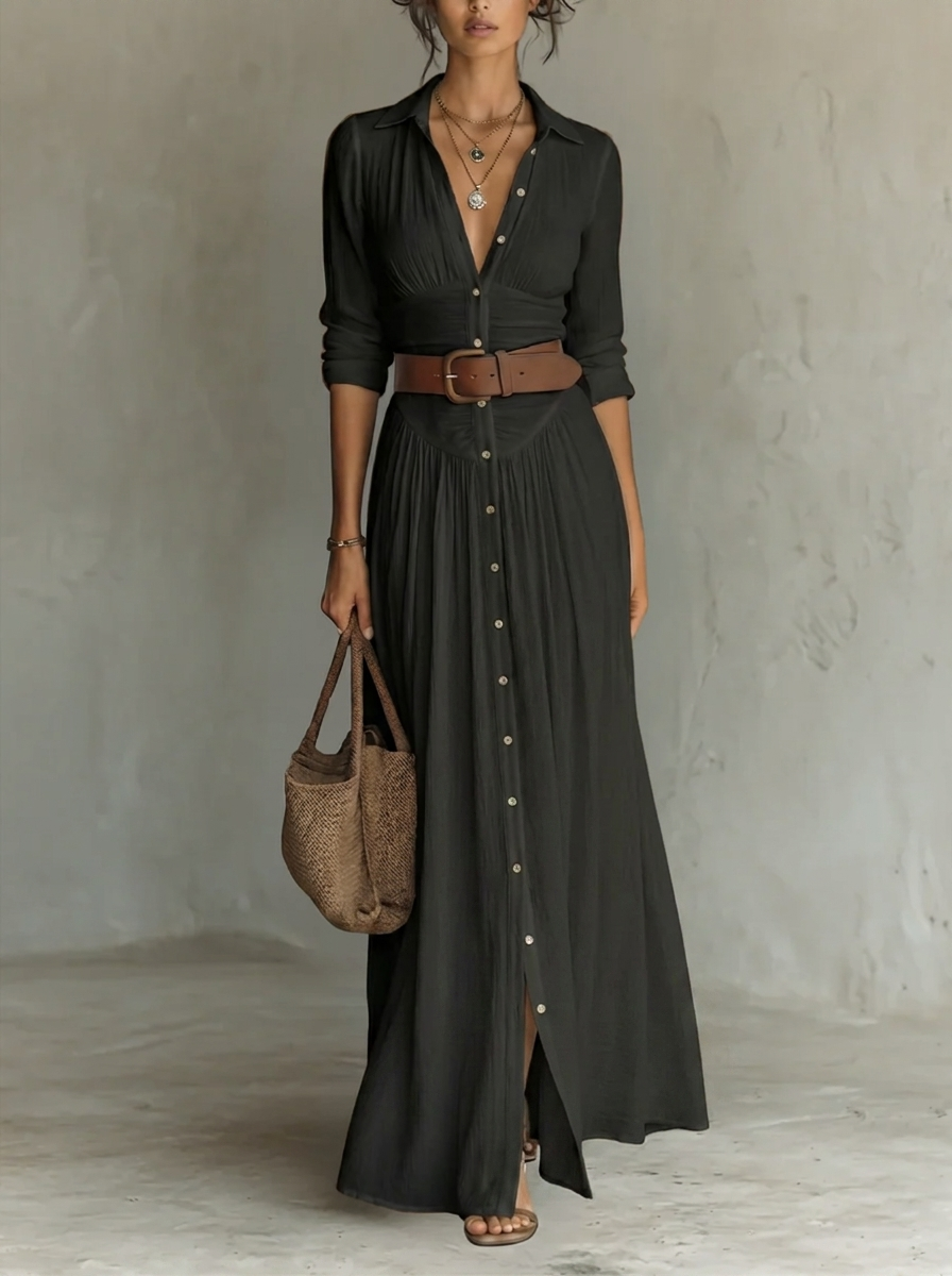 Romina - Abito Maxi Lungo con Collo a V e Maniche Lunghe