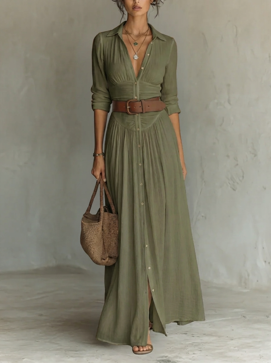 Romina - Abito Maxi Lungo con Collo a V e Maniche Lunghe