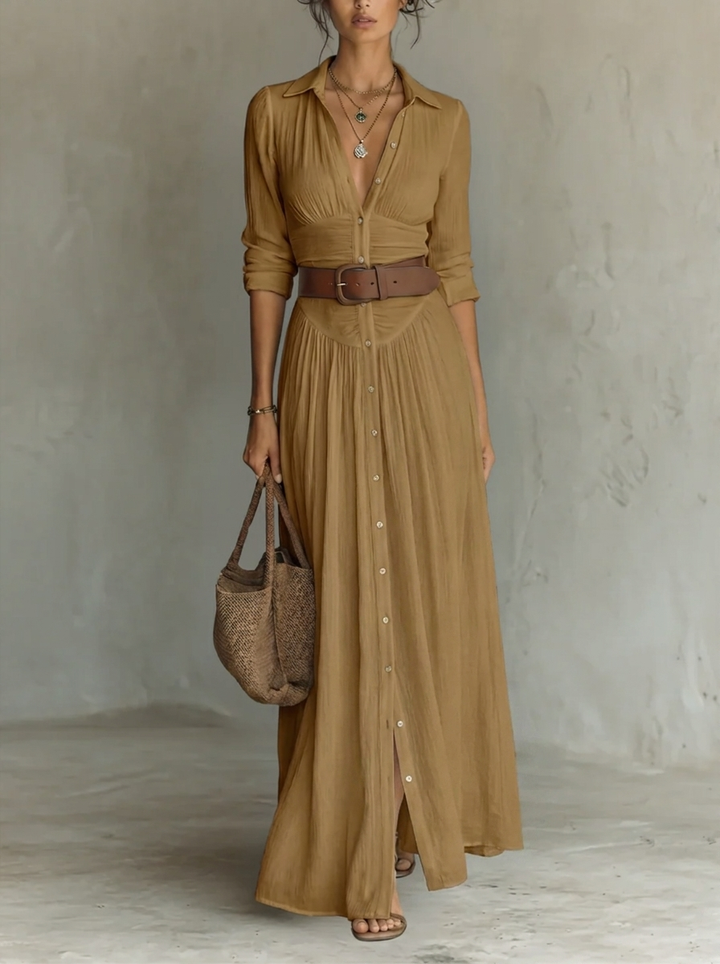 Romina - Abito Maxi Lungo con Collo a V e Maniche Lunghe