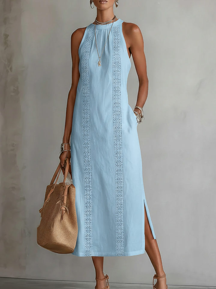 Sofia | Vestito Midi in Cotone e Lino con Collo alla Cinese