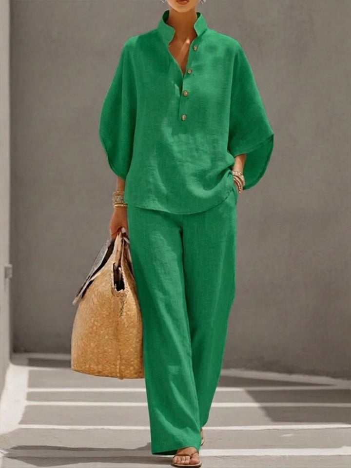 Mariel | Insieme Cotone Lino Maniche A Pipistrelloa Pantalone Largo