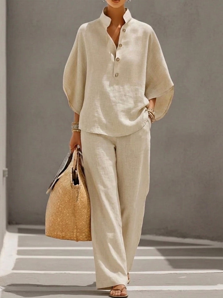 Mariel | Insieme Cotone Lino Maniche A Pipistrelloa Pantalone Largo