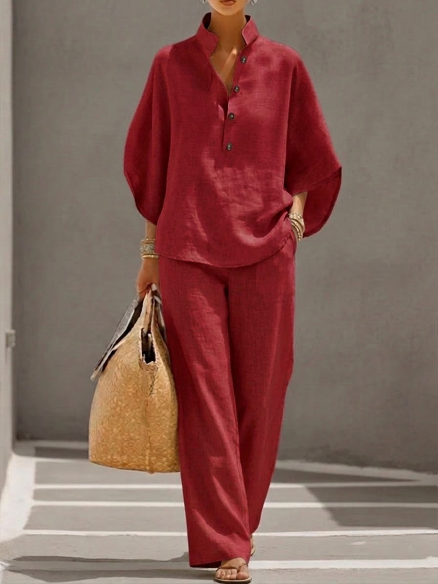 Mariel | Insieme Cotone Lino Maniche A Pipistrelloa Pantalone Largo