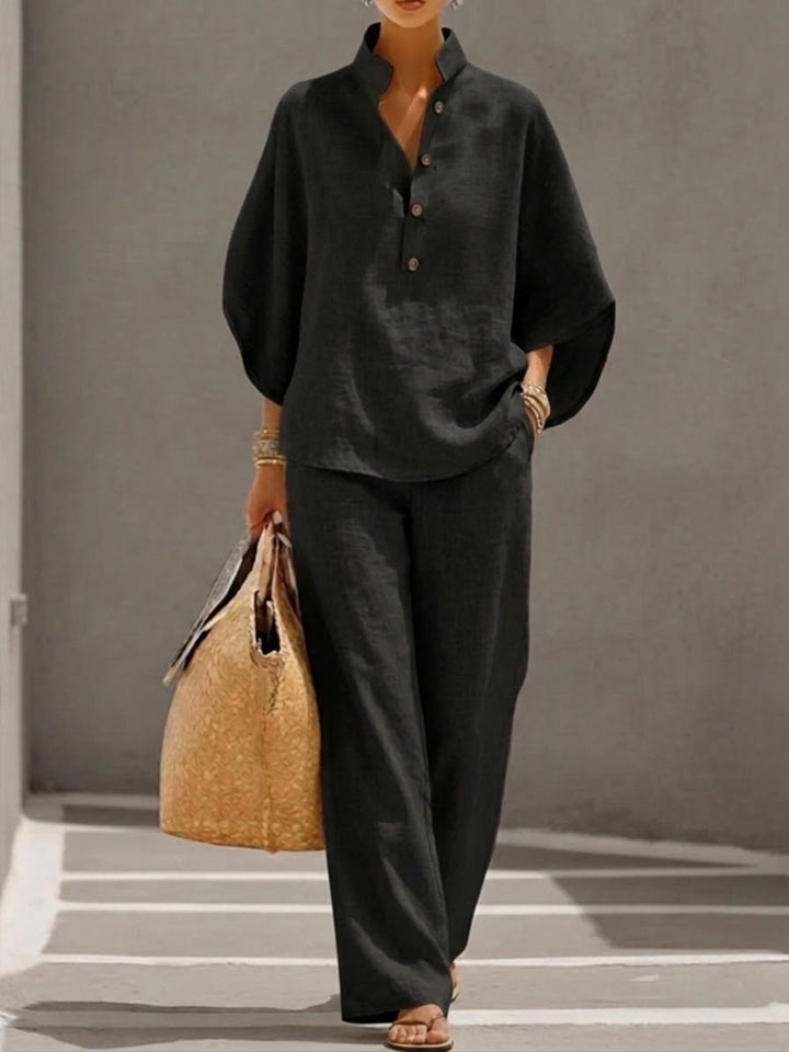 Mariel | Insieme Cotone Lino Maniche A Pipistrelloa Pantalone Largo