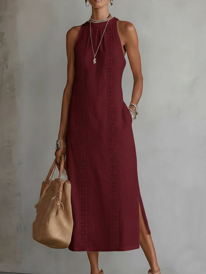 Sofia | Vestito Midi in Cotone e Lino con Collo alla Cinese